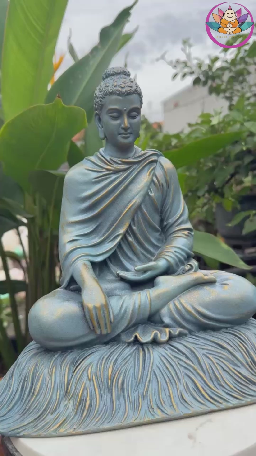 Shakyamuni Buddha Statue 11.8" – Antique Bronze Blue Resin Meditation Sculpture, Seated Buddhist Figurine, Zen Home Altar Spiritual Decor