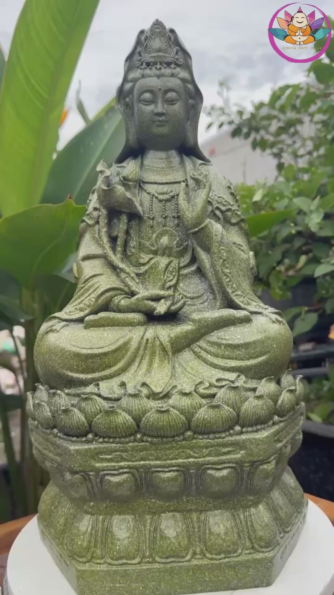 Guanyin Bodhisattva Statue 15.7" – Antique Green Stone Resin Kwan Yin Sculpture, Goddess of Mercy Figurine, Zen Buddhist Altar Decor Gift