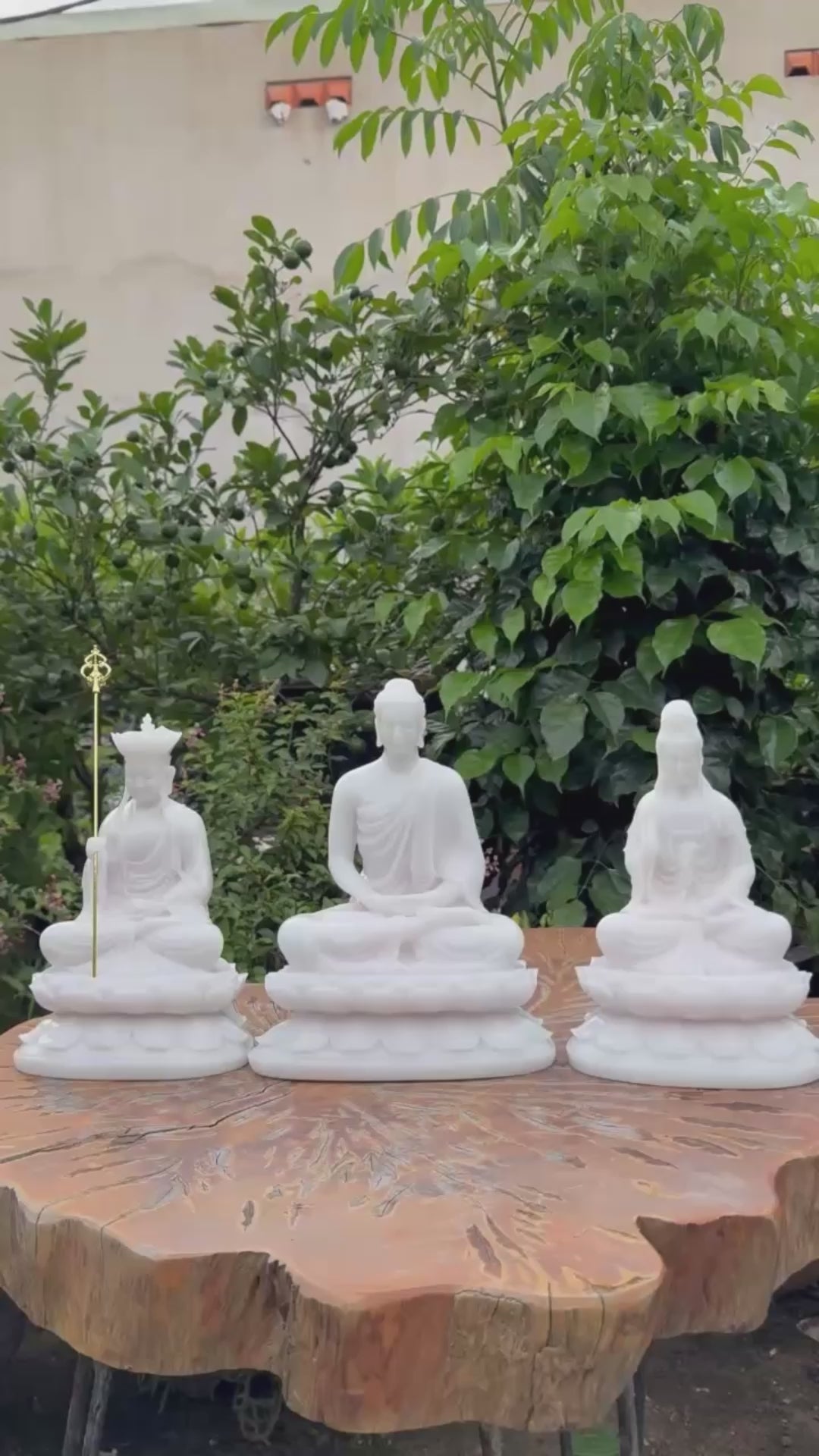 White Resin Buddha Statue Set – 30cm Guanyin & Ksitigarbha, 32cm Shakyamuni Buddha on Lotus Base