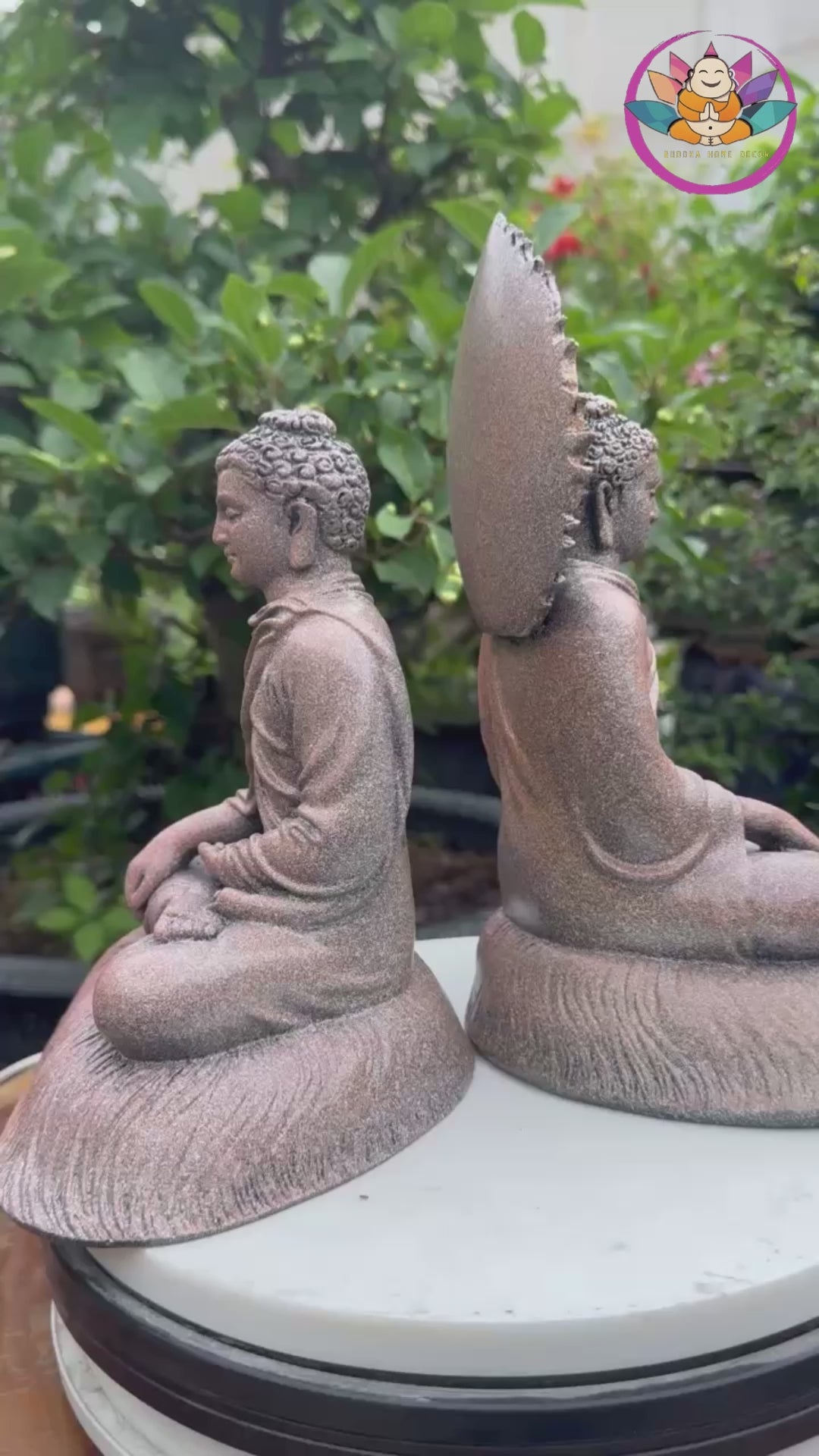 Shakyamuni Buddha Statue 8.7" – Antique Stone Finish Buddha with Halo Backdrop