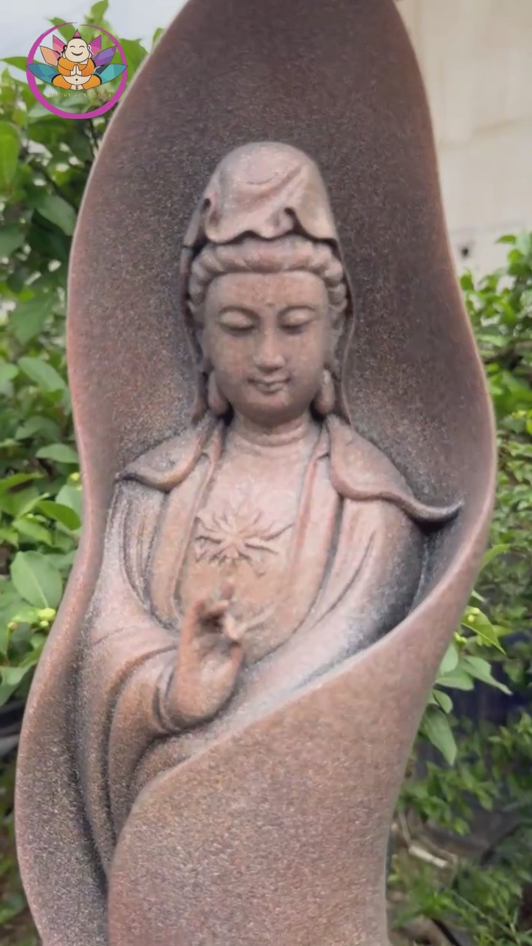 Guanyin Bodhisattva Statue 18.9" – Lotus Leaf Design Kwan Yin in Antique Stone Finish
