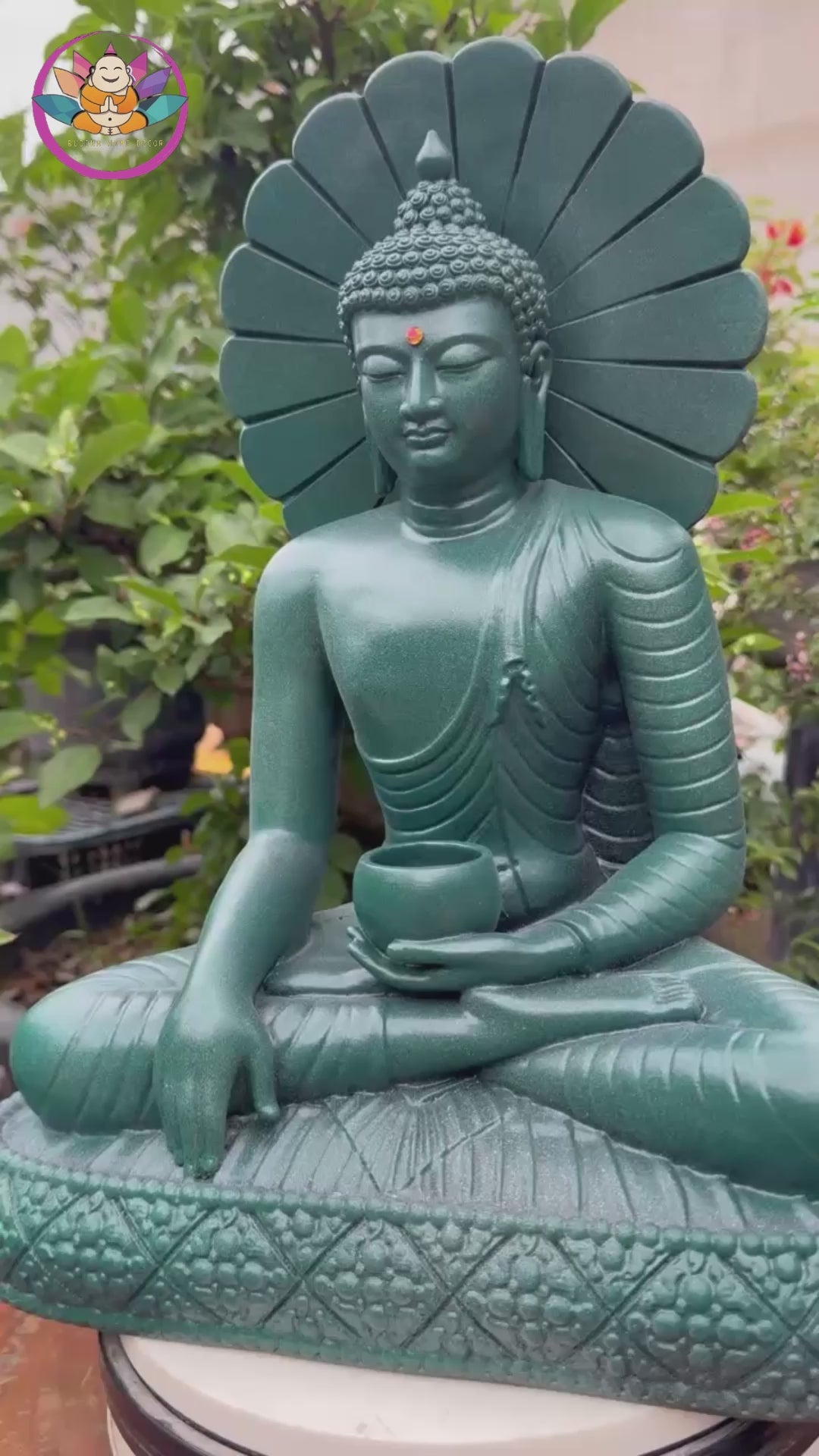 Thai Buddha Statue 15.3" – Composite Seated Buddha with Lotus Bowl and Halo, Antique Green Finish Meditation Sculpture