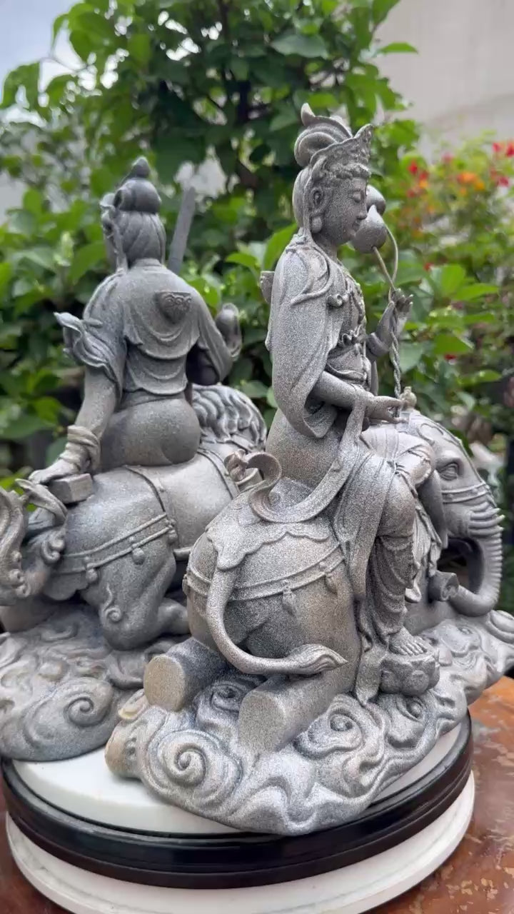 Manjushri and Samantabhadra Bodhisattva Statues 11.8" – Composite Stone Finish Buddhist Deities on Lion and Elephant