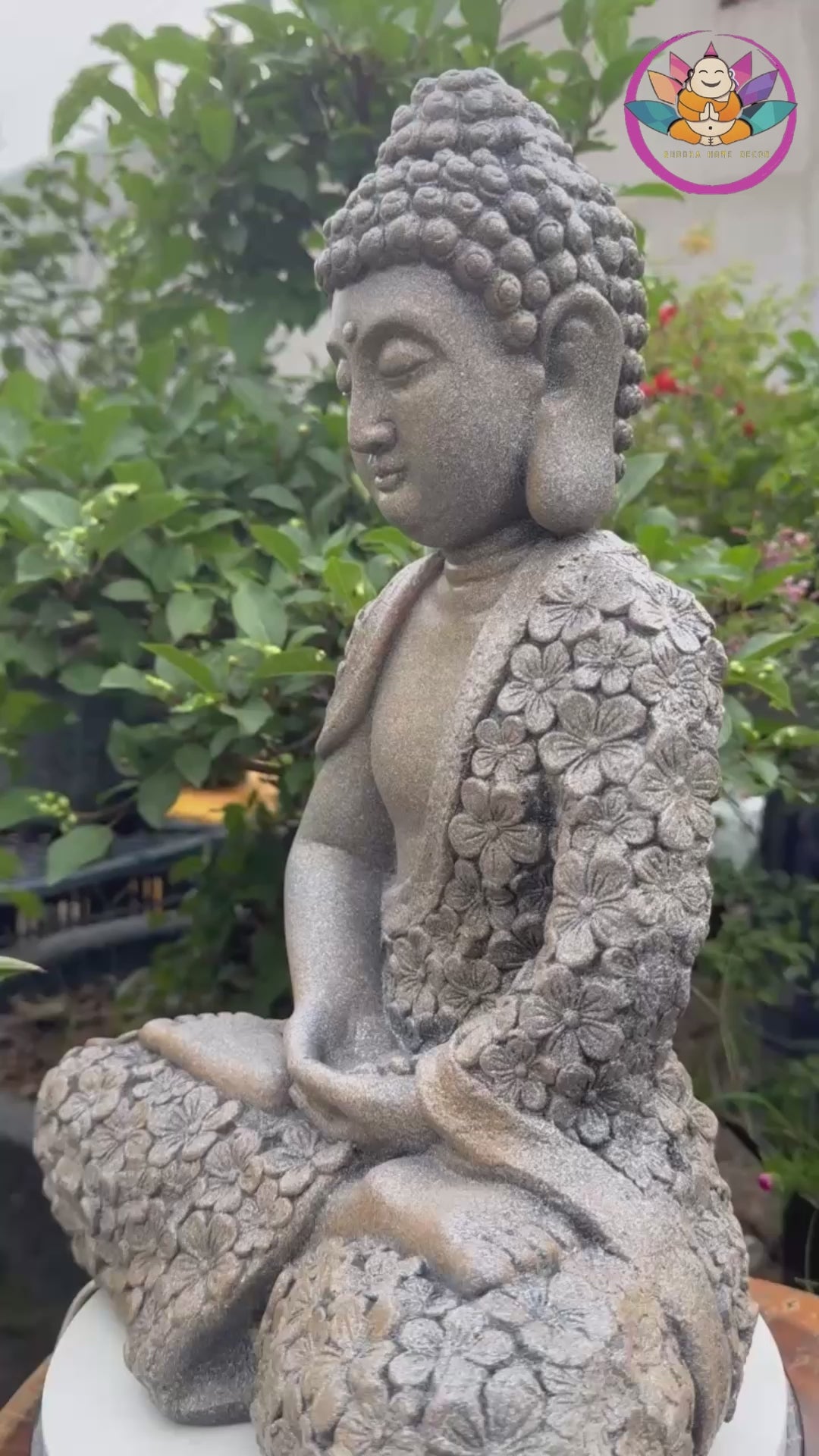 Meditating Buddha Statue 16.9" – Antique Stone Finish Floral Robe Buddha Sculpture