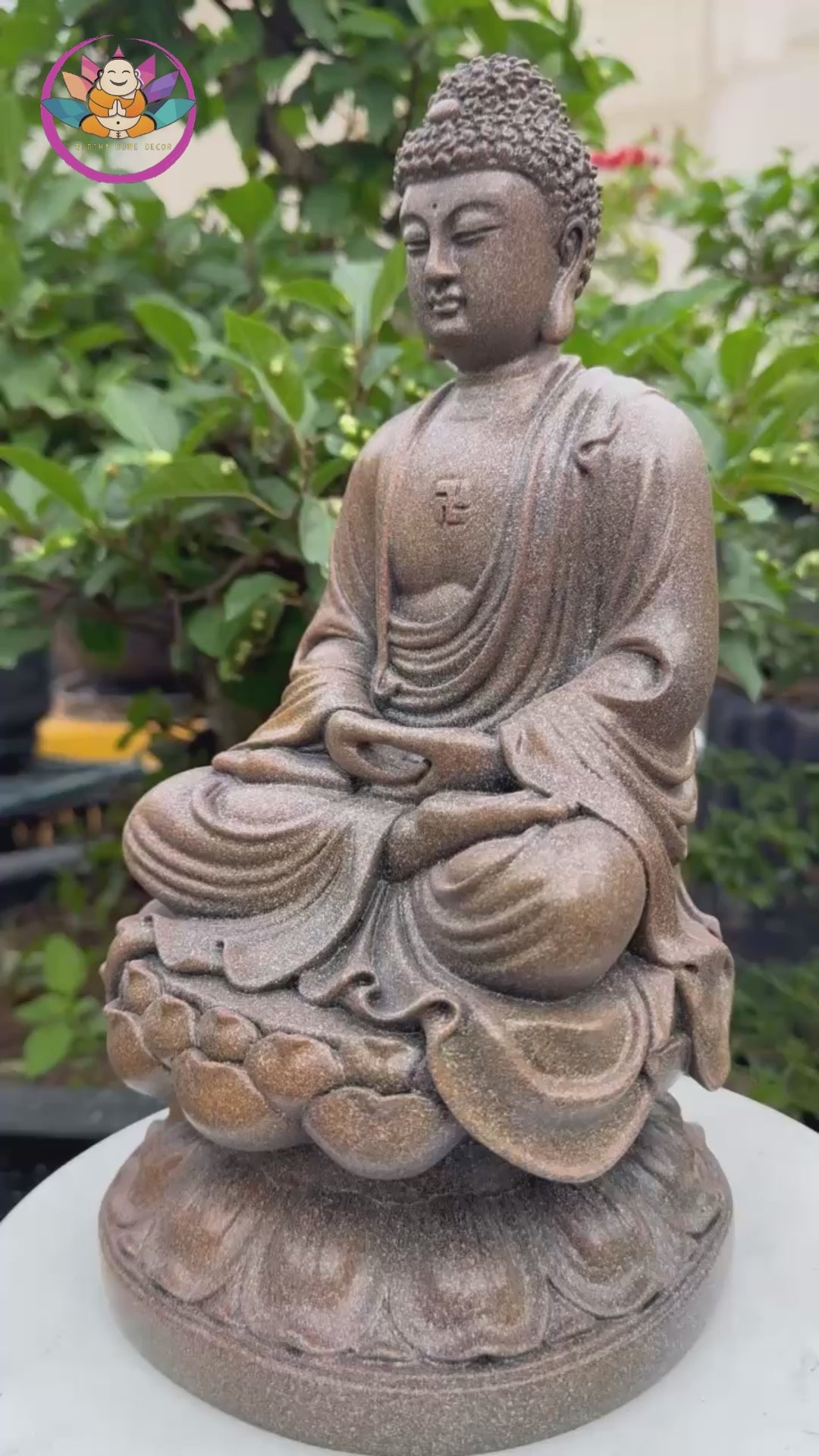 Amitabha Buddha Statue 11.8" – Antique Stone Finish Seated Amida Buddha on Lotus Pedestal