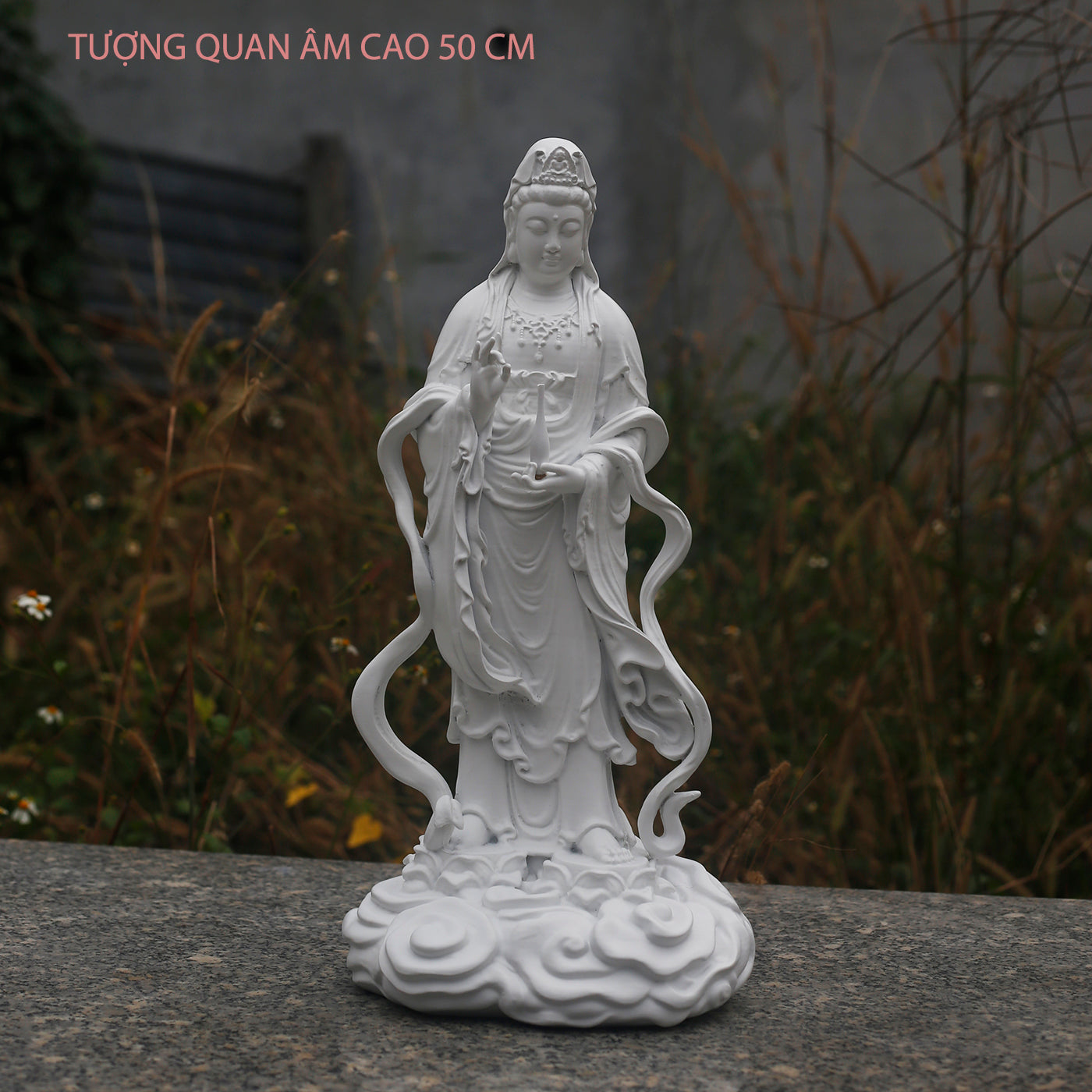 Standing Guanyin Statue – 35.4" (90cm) Bodhisattva on Cloud Base | Hand-Painted Resin Sculpture | Vintage Buddhist Decor from Vietnam