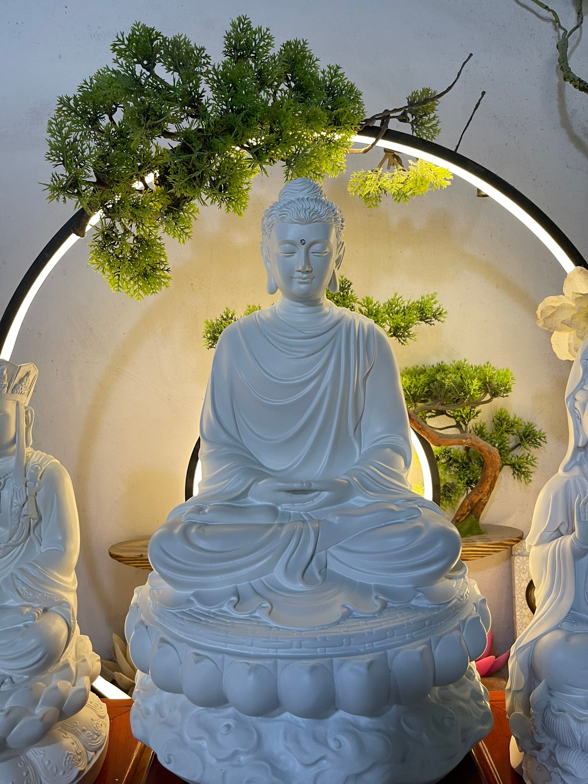 Sakyamuni Buddha with Avalokiteshvara and Ksitigarbha Bodhisattva Statue Set – Composite Gray Finish