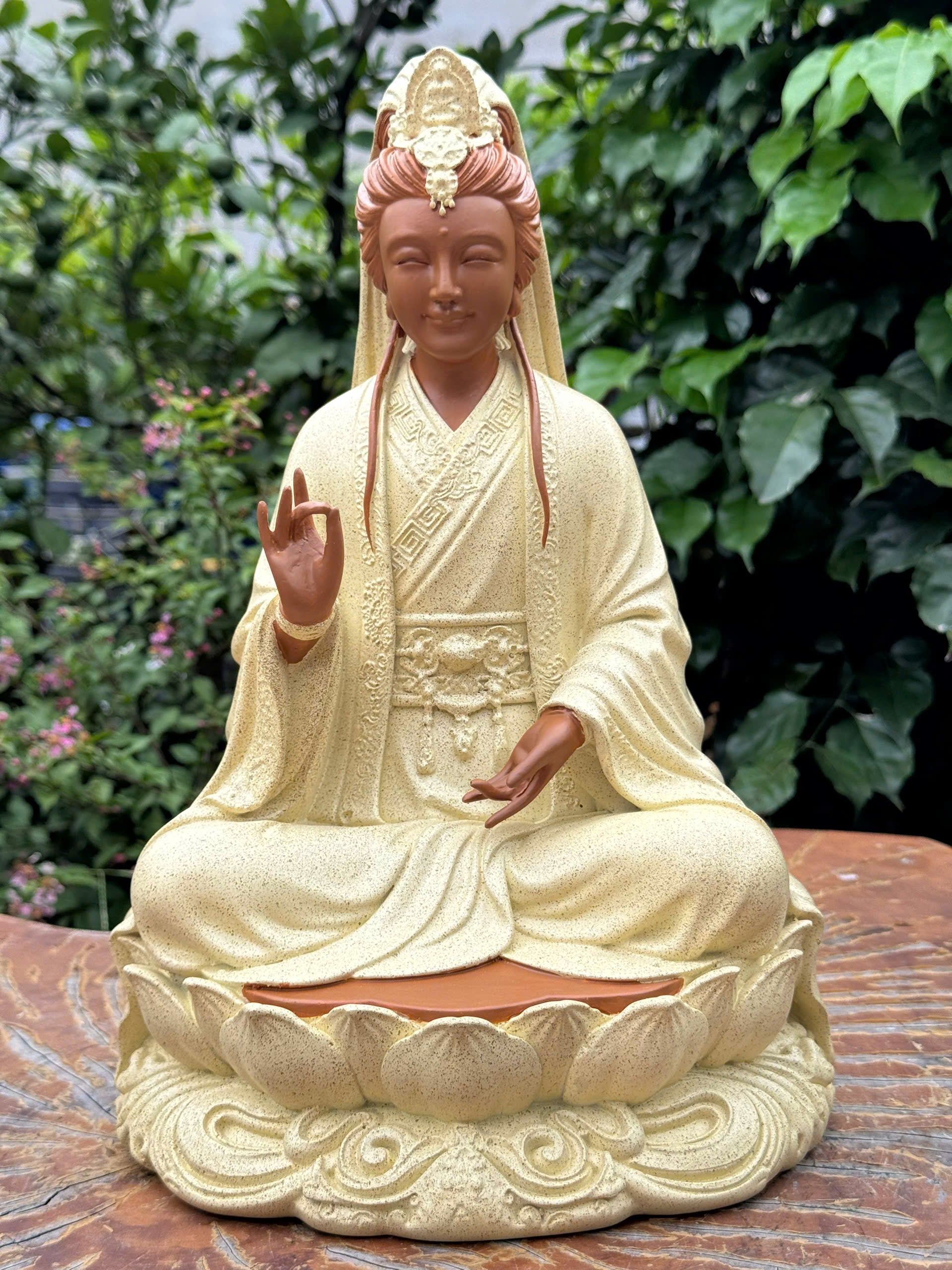 Guanyin Bodhisattva Statue 11.8" – Composite Seated Quan Yin on Lotus Pedestal