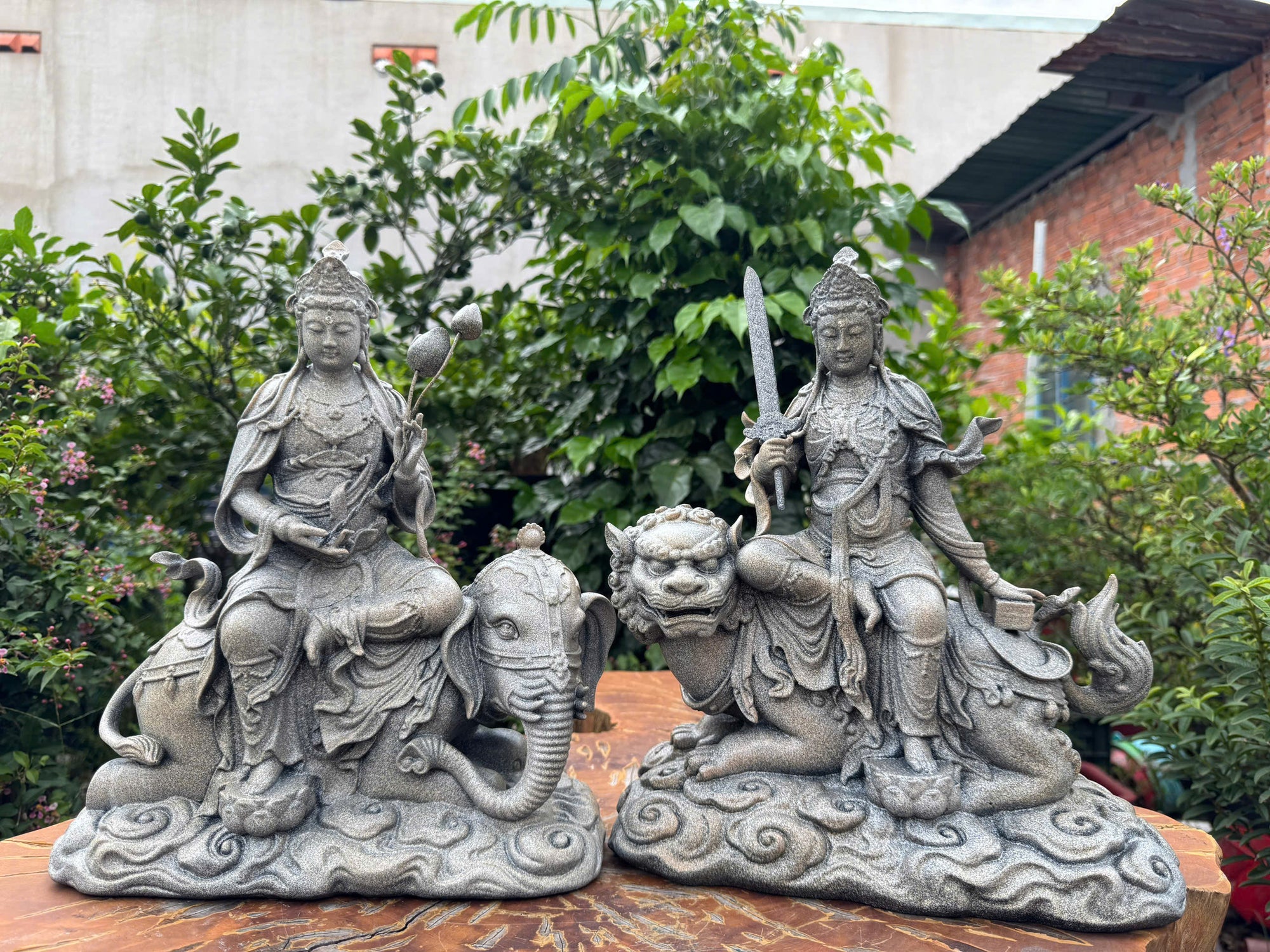 Manjushri and Samantabhadra Bodhisattva Statues 11.8" – Composite Stone Finish Buddhist Deities on Lion and Elephant