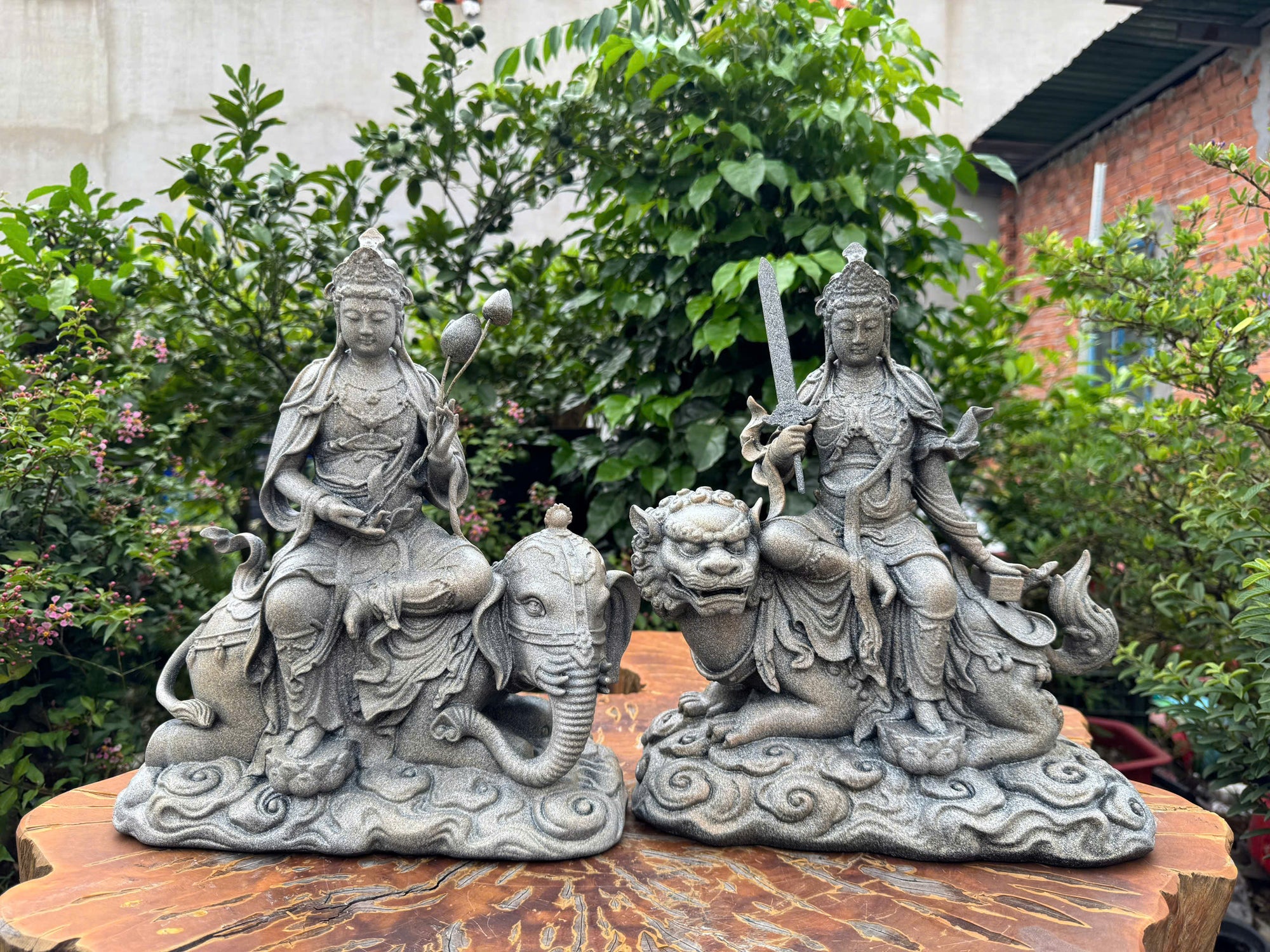 Manjushri and Samantabhadra Bodhisattva Statues 11.8" – Composite Stone Finish Buddhist Deities on Lion and Elephant