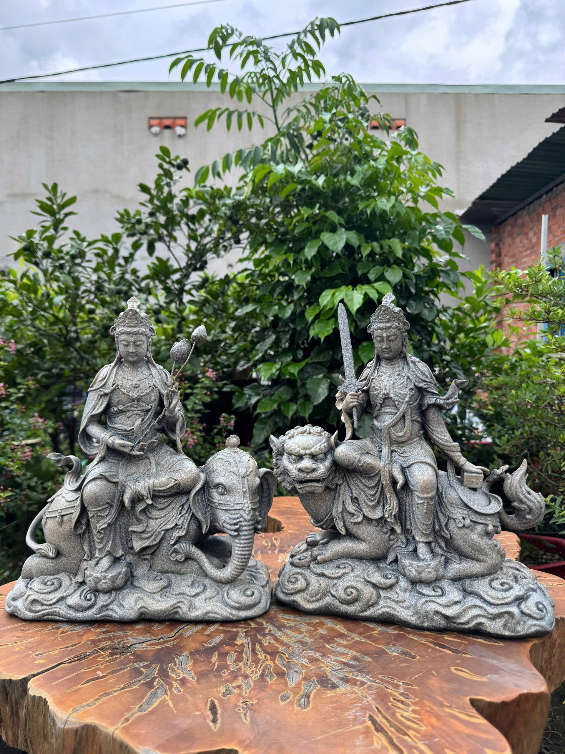 Manjushri and Samantabhadra Bodhisattva Statues 11.8" – Composite Stone Finish Buddhist Deities on Lion and Elephant